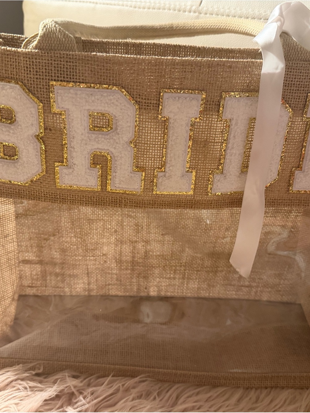 Natural Color Bride Tote with White and Gold Lettering